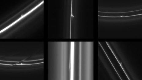 Six images showing trails made by snowballs that hit Saturn's outermost ring