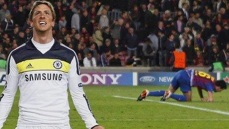 Fernando Torres celebrates scoring against Barcelona in the Champions League