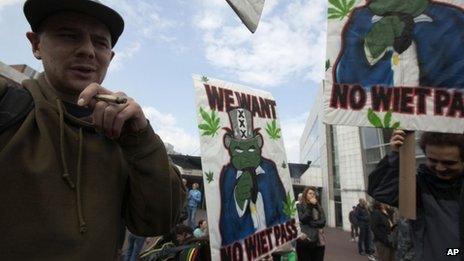 Protesters in the Netherlands with signs opposing the new weed pass