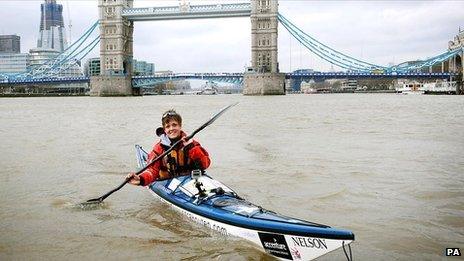 Sarah Outen sets off from Tower Bridge, London on 1 April 2011