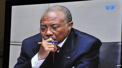Screen showing Charles Taylor as the verdict was being delivered on 26 April 2012