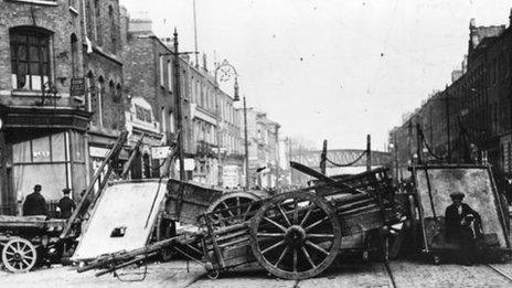 A barricade in Great Brunswick Street, Dublin, during the Easter Rising