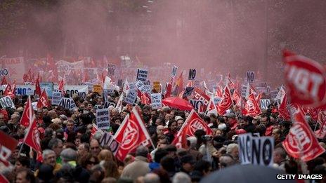 People attending a rally against austerity in Madrid, Spain, on 29 April 2012.