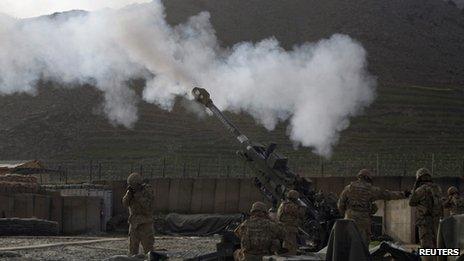 US soldiers in Afghanistan firing Howitzer artillery