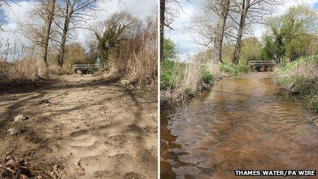 The dry river bed of the River Pang near Bucklebury, Berkshire on 20 February and a full River Pang on 30 April