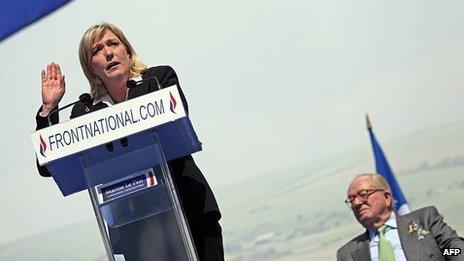 Marine Le Pen addresses supporters in Paris, 1 May 12