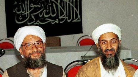 A 1998 photo of Osama Bin Laden (right) with Ayman al-Zawahri holding a press conference in Khost, Afghanistan