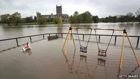 Flood water near Tewkesbury Abbey