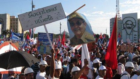 A sign reading 'Socialism or Death' at Havana's May Day march