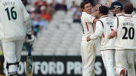 Lancashire celebrate the wicket of Stuart Broad