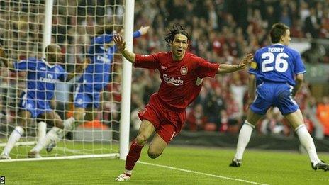 Luis Garcia scores against Chelsea