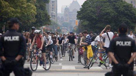 Protestors on bicycles in Toronto, Canada, in June 2010