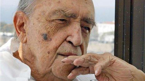 Oscar Niemeyer in his office above Copacabana beach in Rio de Janeiro, 30 July 2003