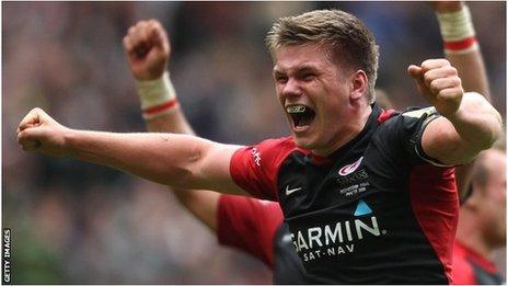 England fly-half Owen Farrell celebrates winning the Premiership title with Saracens last season