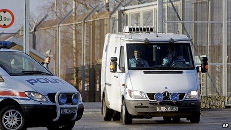 Police van carrying Breivik leaves Ila prison near Oslo (16 Apr 2012)