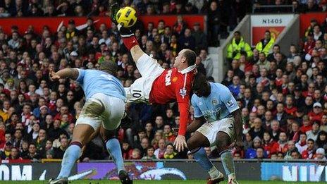 Wayne Ronney scoring an overhead goal against Manchester City