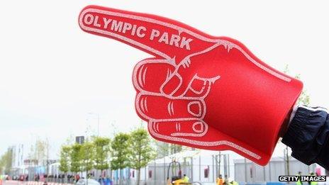 A foam hand points the way for spectators at Olympic Park