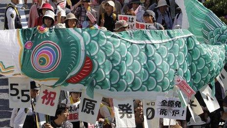 Anti-nuclear doemonstrators in Tokyo carrying carp-shaped banner (5 May)