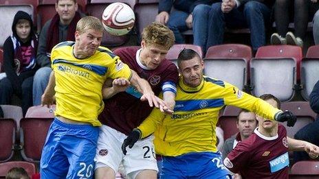 St Johnstone and Hearts players battle for possession