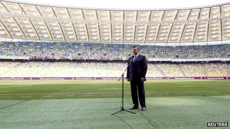 Ukraine's President Viktor Yanukovich addresses the media at the Olympic stadium in Kiev April 4, 2012