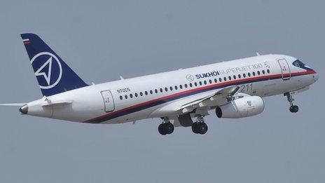 A Sukhoi Superjet 100 on a display flight in Hyderabad, India, 14 March