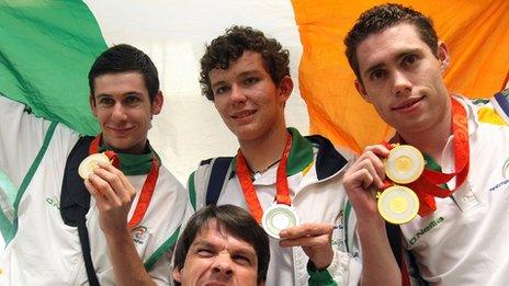 Michael McKillop (left) and Jason Smyth (right) with fellow Irish medallists Darragh McDonald and Gabriel Skelly after the Beijing Paralympics