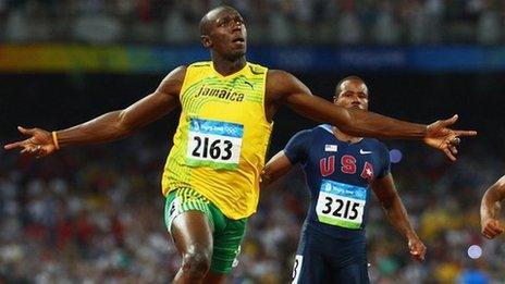 Usain Bolt winning the 100m at the Beijing Olympics