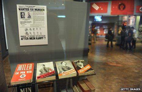 Display of various copies of Mein Kampf in different languages