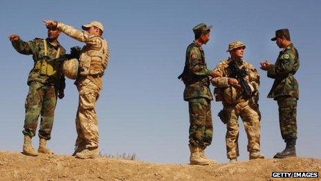 Afghan soldiers are put through training exercises under the supervision of British troops at Ghar Ordoo military base, October 2009