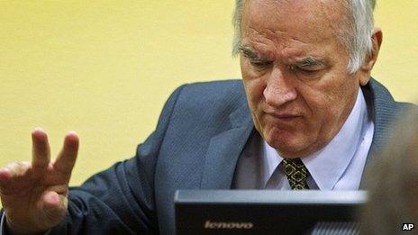 Former Bosnian Serb General Ratko Mladic at his trial at the UN Yugoslav war crimes tribunal in The Hague on 16 May 2012