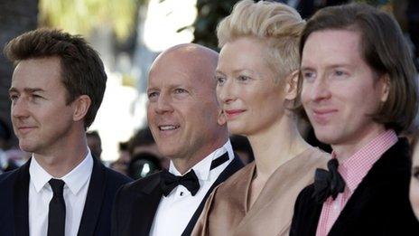 Moonrise Kingdom director Wes Anderson (r) with Edward Norton (l), Bruce Willis and Tilda Swinton at its Cannes premiere