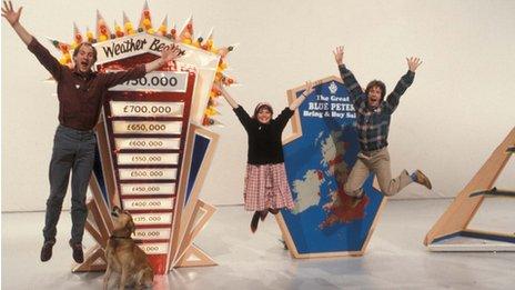 Blue Peter presenters Simon Groom, Janet Ellis and Peter Duncan