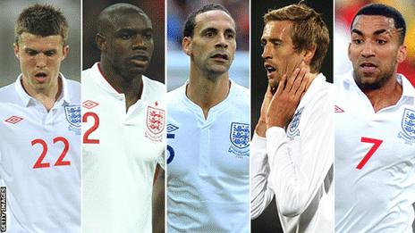 Right to left: Michael Carrick, Micah Richards, Rio Ferdinand, Peter Crouch and Aaron Lennon