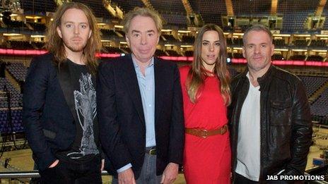 Andrew Lloyd Webber (second left), with cast members of the UK arena tour of Jesus Christ Superstar, Tim Minchin (Judas Iscariot) left, Melanie C (Mary Magdalene) and Chris Moyles (King Herod) right, which opens at London"s O2 Arena on 21 September