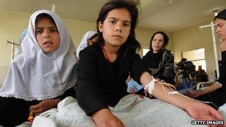 Afghan schoolgirls sit in a hospital in Mahmud Raqi