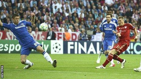 Bastian Schweinsteiger of Bayern Munich takes a shot