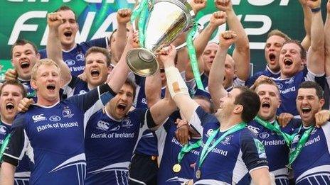 Leinster players celebrate after winning the Heineken Cup