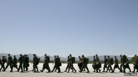 Nato peacekeepers from Austria march together after arriving at Djakovica Airport in Kosovo, April 27, 2012.