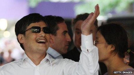 Blind Chinese activist Chen Guangcheng arriving on the campus of New York University on 19 May, 2012 in New York City
