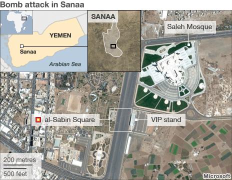 Map showing location of bomb attack in Sanaa