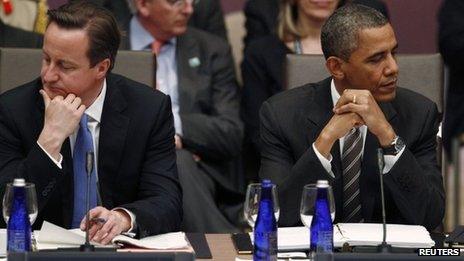 British Prime Minister David Cameron (left) and US President Barack Obama (right) at the Nato summit Chicago, Illinois, 21 May 2012