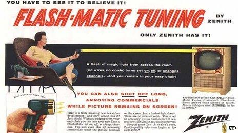 A 1955 advertisement for Flash-Matic, the first wireless TV remote control