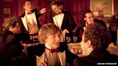 Posh cast - foreground: Harry Lister Smith (Ed Montgomery), Joshua McGuire (Guy Bellingfield) background: Jolyon Coy (Toby Maitland), Tom Mison (James Leighton-Masters), Richard Goulding (George Balfour), Henry Lloyd-Hughes (Dimitri Mitropoulos)