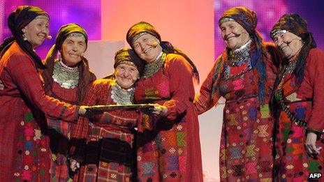 Buranovo Babushki perform during a rehearsal of Eurovision 2012