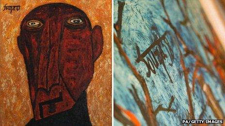 Mumford's painting in the style of Souza, left, and a detail of a work by Souza himself