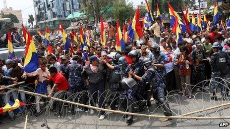 File photo (May 2011) of police clashing with pro-royalist with Rastriya Prajatantra Party-Nepal supporters