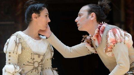 Members of the Habima theatre company rehearse at the Globe Theatre