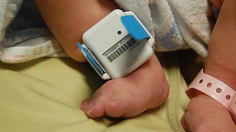 Mothers and their newborns each get tagged with an RFID bracelet after the delivery