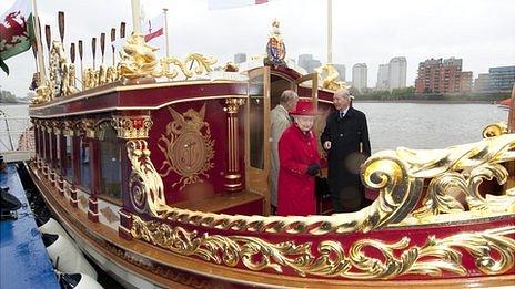 Queen Elizabeth II and the Duke of Edinburgh visit Gloriana, the new Royal Row Barge