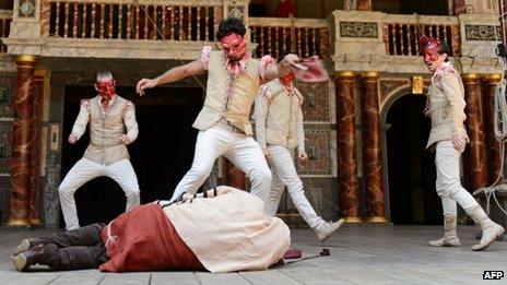 Members of the Habima theatre company from Tel Aviv on stage at the Globe